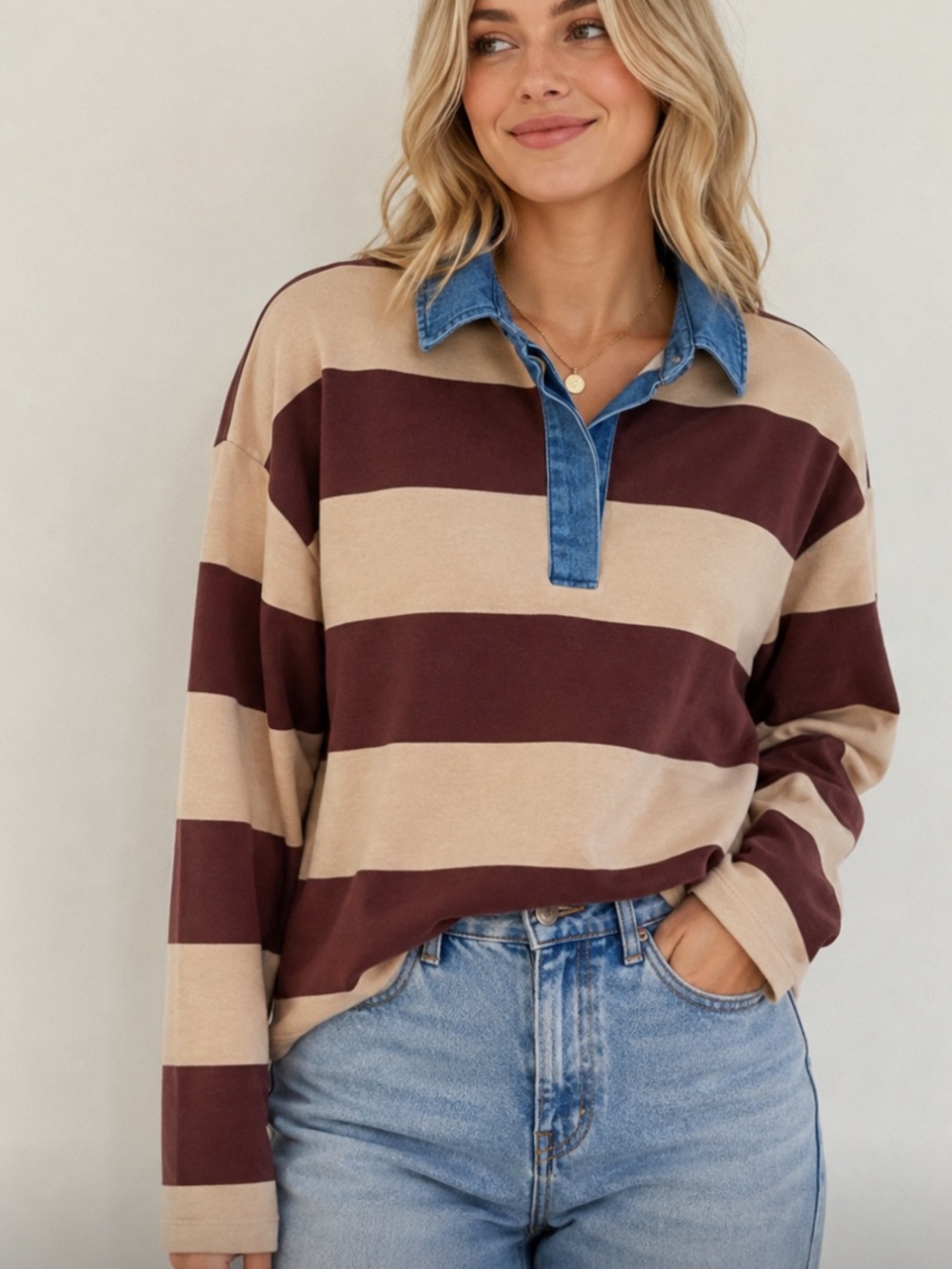 NWT Sundry Rugby Stripe Denim Collar Shirt